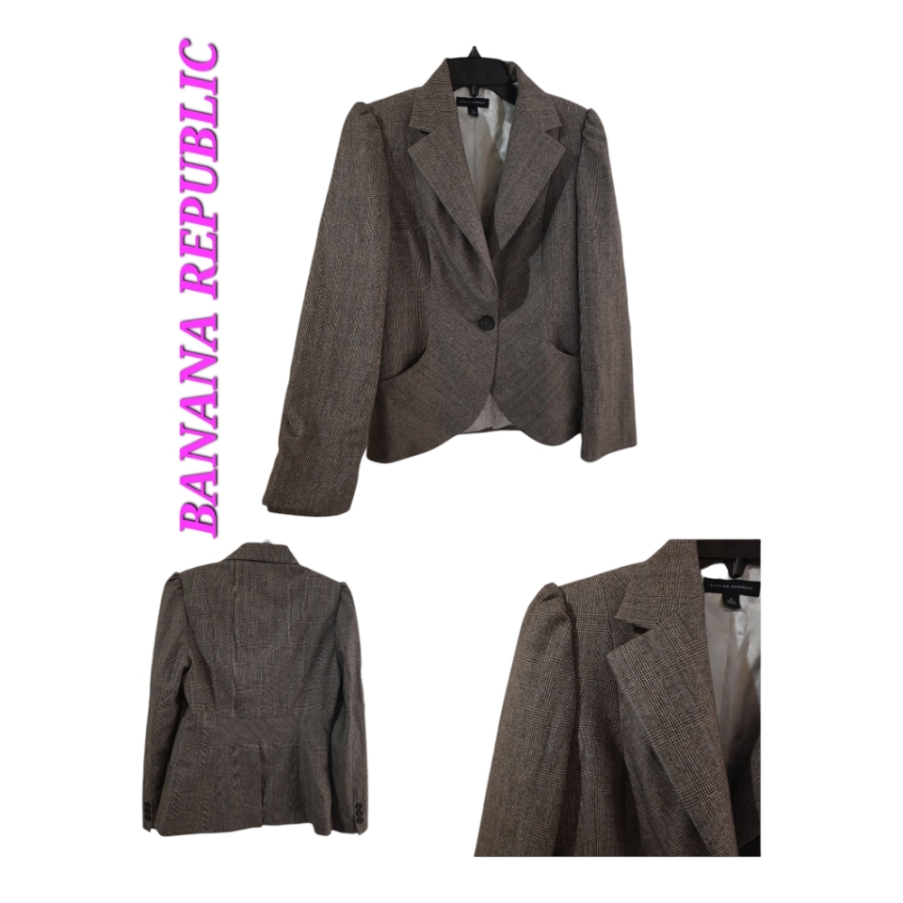 Vintage Banana Republic Plaid 100% Wool One Button Closure Blazer With Pockets